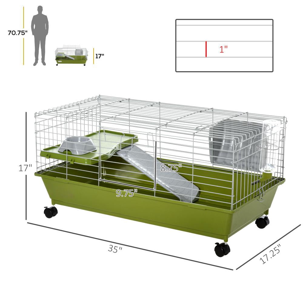 Small Animal Cage with Wheels, 35in Rolling Bunny Cage for Rabbit, Guinea Pig, Chinchilla, Indoor Pet Habitat with Ramp, Platform, Feeder, Water Bottle & Deep Base Tray, Green Small Animal Playpen