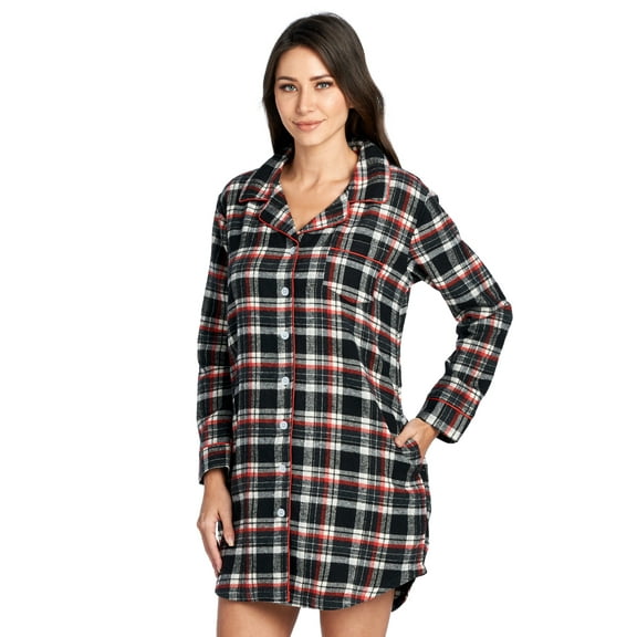 Ashford & Brooks Women's Flannel Plaid Long Lounge Shirt Sleep Nightshirt - Black Ivory - X-Large