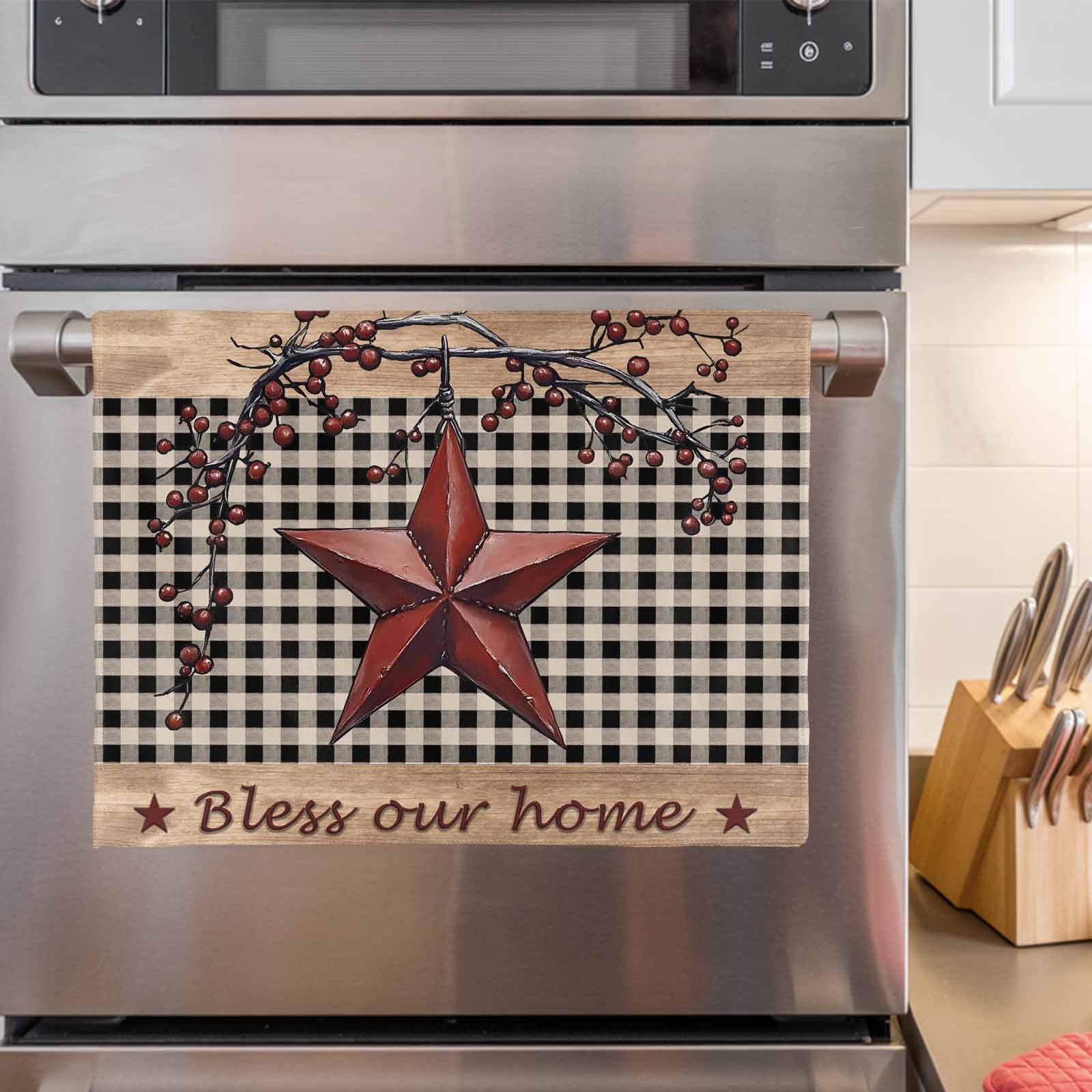 Texas Star Farmhouse Kitchen Towels Set of 4, Water Absorbent Dish Towel, Rustic Black Plaid Berry Wooden Decorative Hand Towels - Quick Drying Cloth for Cooking Baking, 18x28 Inch