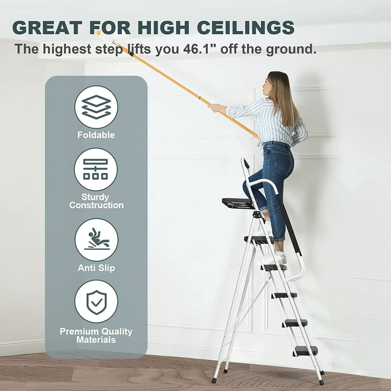 HBTower Folding 5-Step Ladder, 330lbs, with Handrails and Tool