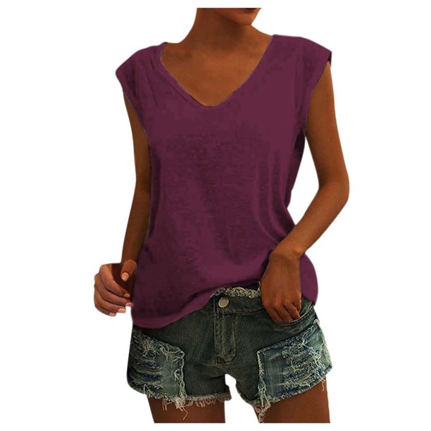 Camiseta básica de verano para mujer, holgada, con cuello en V y manga corta, sin mangas.