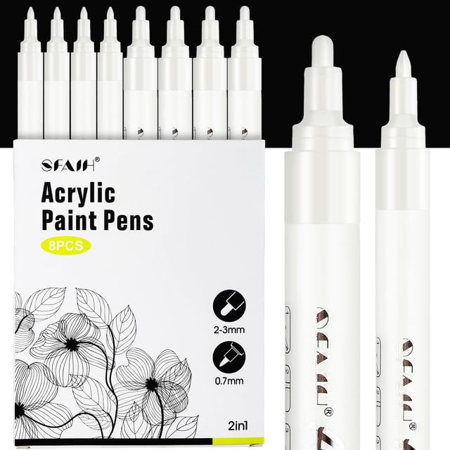 Rotuladores de pintura acrílica blanca SFAIH - Paquete de 8 rotuladores de punta media de 2-3 mm y extrafino de 0,7 mm para pintura rupestre, madera, metal, tela, plástico, lienzo, vidrio, cerámica y