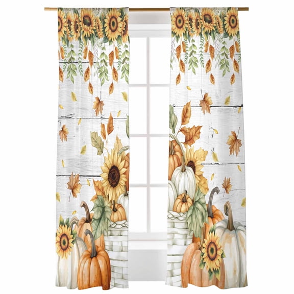 Fall Sheer Curtains 96 inches Long, Pumpkin Sunflower Maple Leaf Deciduous White Wood Light Filtering Sheer Window Curtains Rod Pocket Voile Drapes for Bedroom Living Room, 52"W x 96"L 2 Panels
