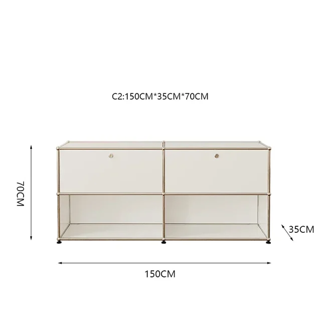 gabinete lateral medieval de lujo ligero usm, gabinete de almacenamiento, gabinete lateral de comedor, armario moderno simple ins wind metal de acero inoxidable 150cm x 35cm x 70cm vista frontal centrada de gabinete minimalista moderno color -C2 con estructura tubular de acero inoxidable, dos puertas superiores abatibles, estante inferior abierto y paneles de tablero de madera; uso en comedor o sala, y también adecuado para almacenar vajilla o textiles.