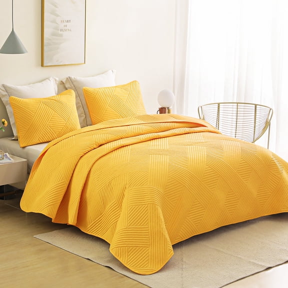 Whale Flotilla California King Quilt Set, Soft Lightweight Quilts Bedspreads Coverlet with Embossed Pattern, Bedding Sets with Pillow Shams, 104x112 Inches, Yellow