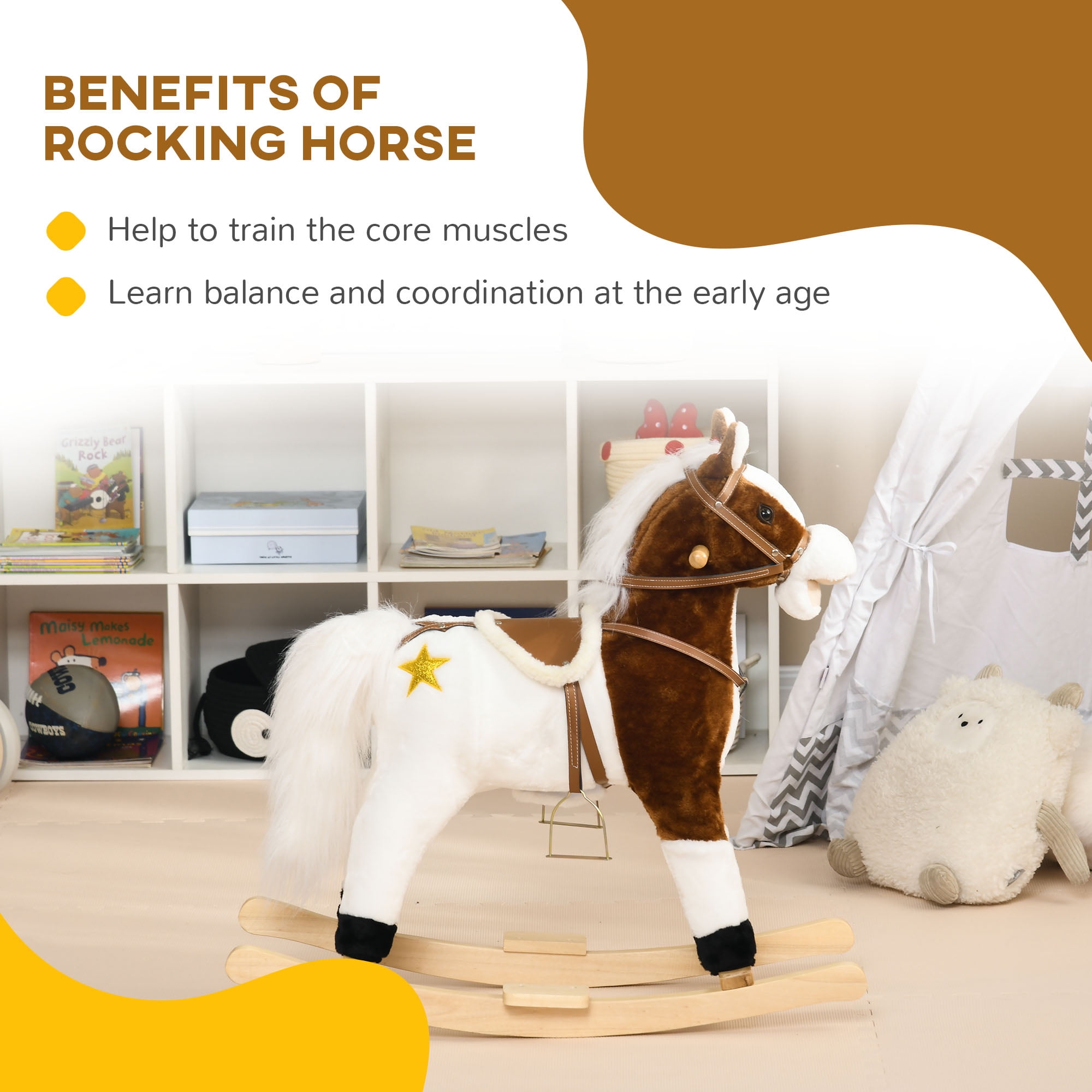 Qaba Rocking Horse with Sound,Ride On Horse with Saddle,Toddler Rocker,Gift for 3-8 Year Old,Brown,Brown Plush Toys Kids Bikes Riding Toys