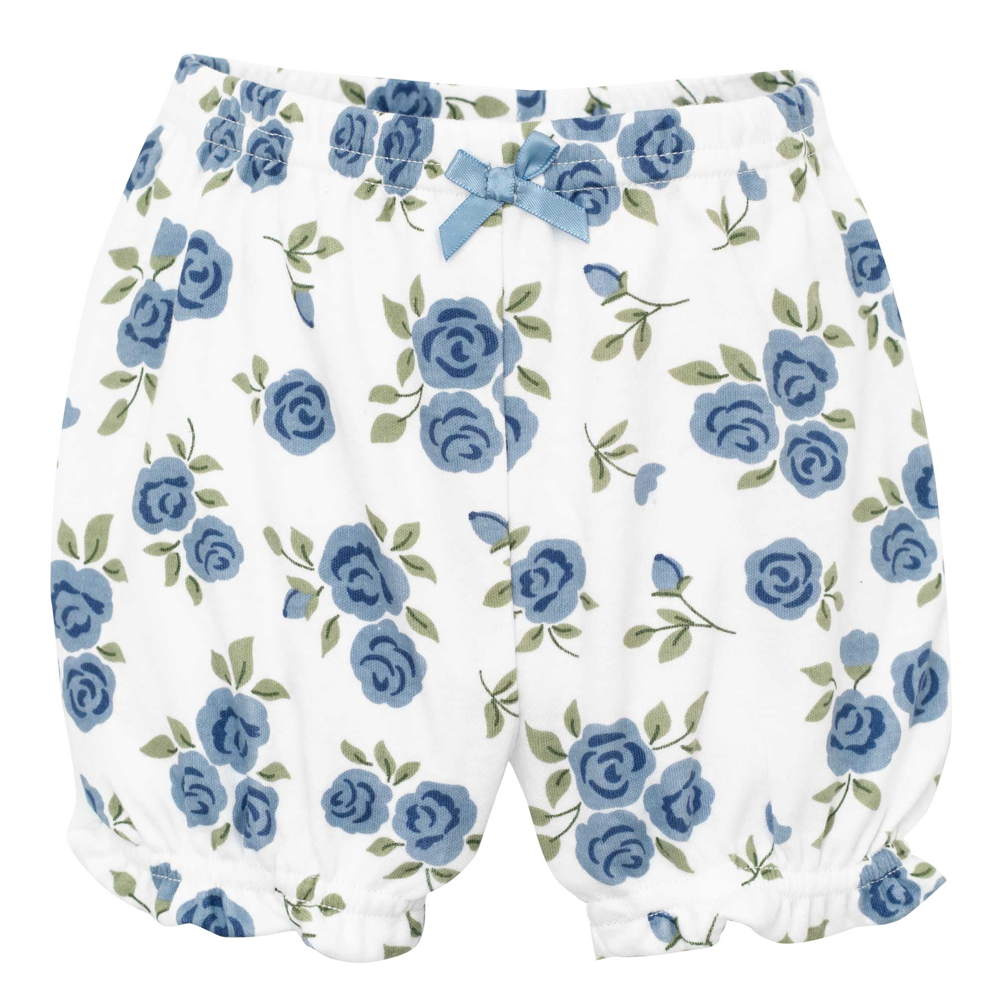 Hudson Baby Girl Cotton Bodysuit, Shorts and Shoe Set, Blue Pink Rose Bow, 12-18 Months