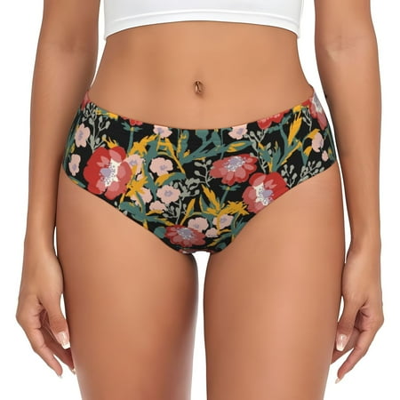Naloa Watercolor Red Wildflowers Womens No Show Cotton Underwear Mid-High Waisted Soft Ladies Panties Strech Breathable Briefs -Medium