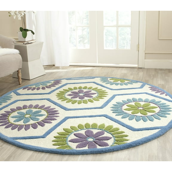 SAFAVIEH Cambridge Myron Geometric Wool Area Rug, Ivory/Blue, 6' x 6' Round