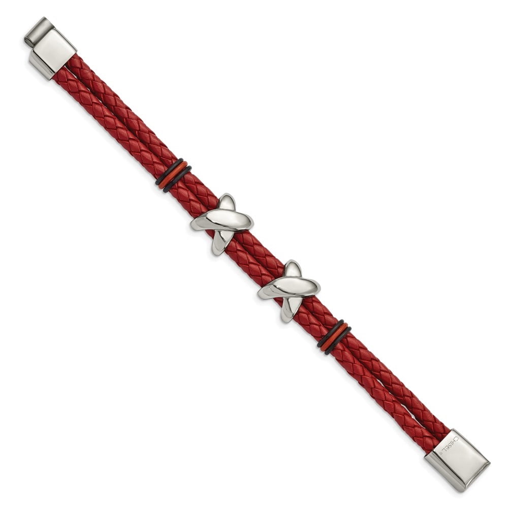 Diamond2Deal Stainless Steel Polished Red Leather and Black Rubber Bracelet for Men 8"