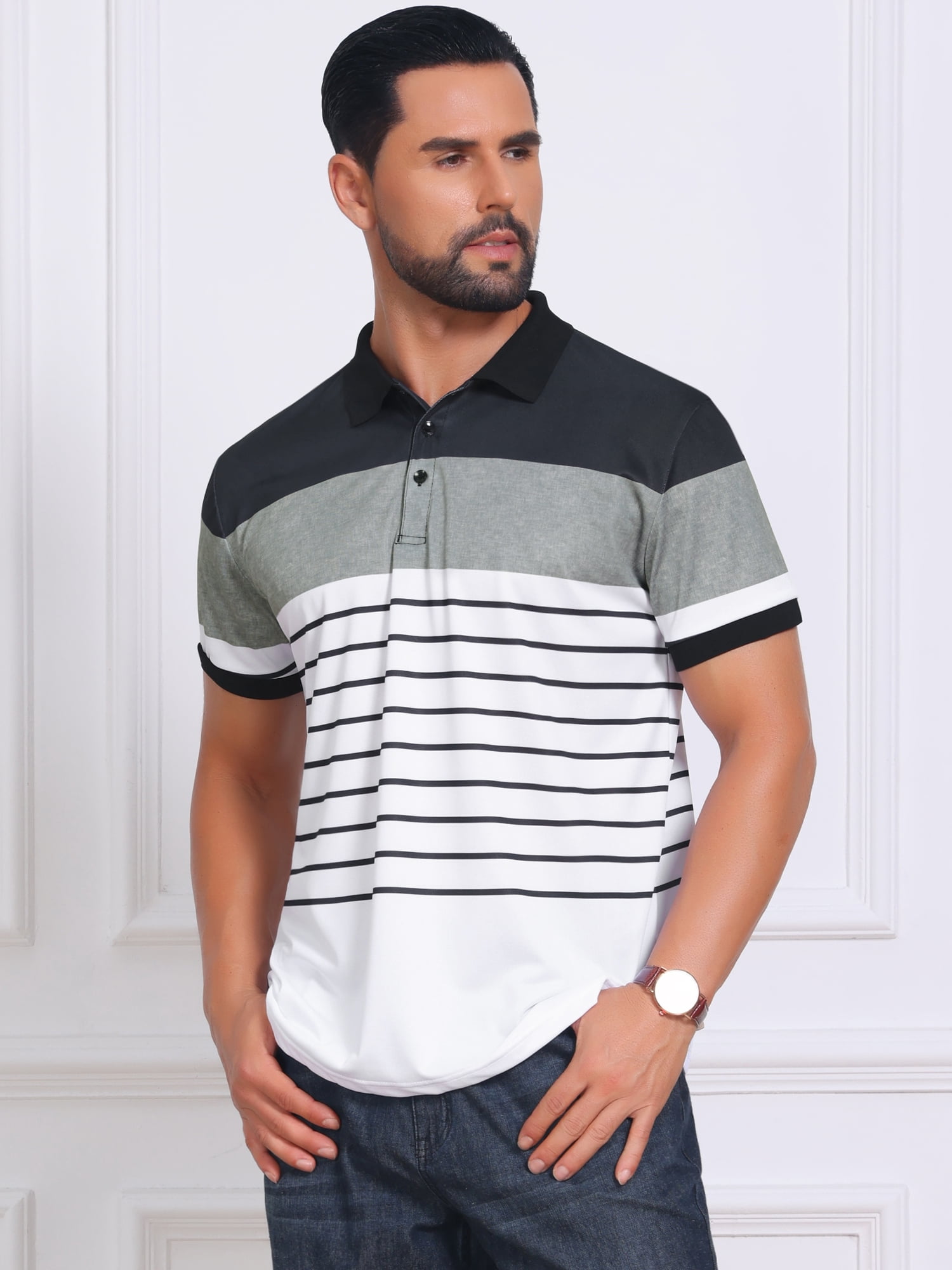 DARING DIVA Men's Colorblock Striped Short Sleeve Three Button Polo Shirts L Black White
