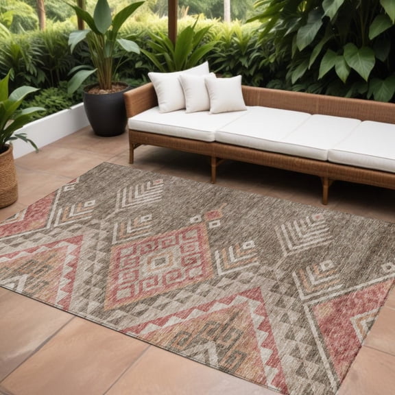 HomeRoots 603537 9 x 12 ft. Brown & Terra Cotta Southwestern Washable Indoor & Outdoor Rectangle Area Rug