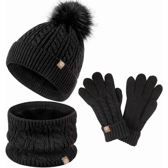 SONGAU Kids Winter Hat Scarf and Gloves Set, 3pcs Knitted Warmth Crochet Thick Fluffy Gaiter Snood Scarf Hat Two Fingers Touch Screen Gloves Set with Faux Fur for Toddler