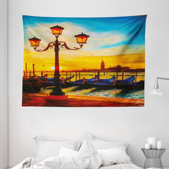 Venice Tapestry, Antique Lantern and Gondolas Floating in the Grand Canal Artistic Sunrise, Wall Hanging for Bedroom Living Room Dorm Decor, 80W X 60L Inches, Orange Yellow Blue, by Ambesonne