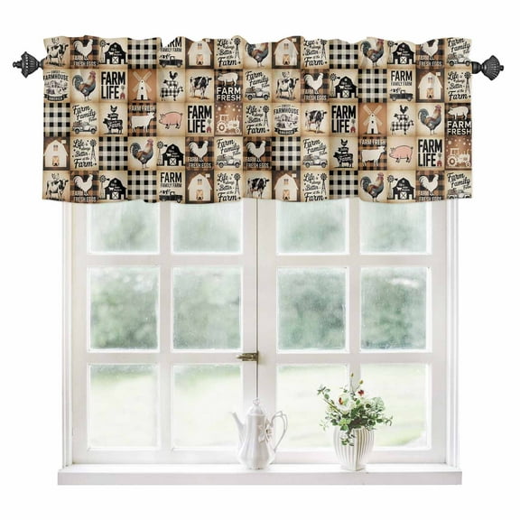 Farm Cow Kitchen Valances for Windows 60x18 Inch Kitchen Curtains Valances Rod Pocket Vintage Chicken Pig Plaid Black Brown Bear Bathroom Window Valances for Window Treatment Decor