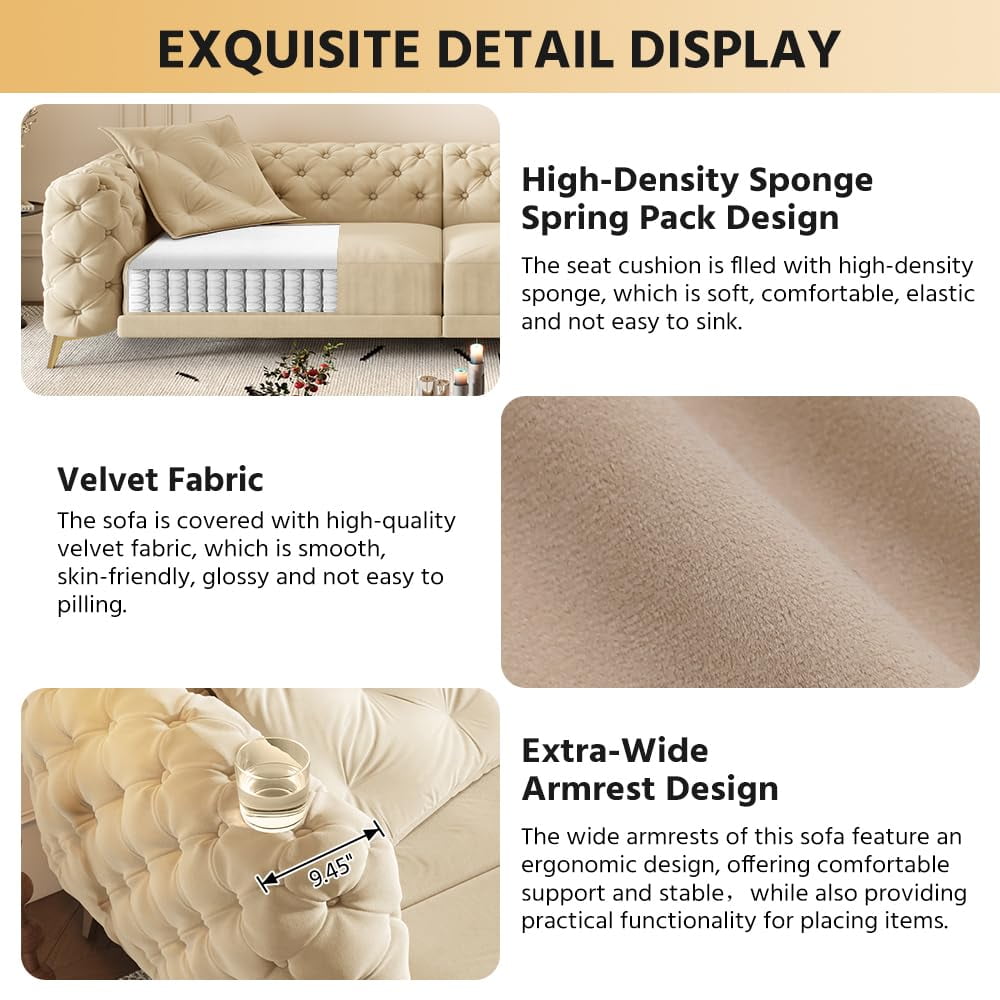 97.7'' Pull Out Sofa Bed King, Chesterfield Velvet Sleeper Sofa, Convertible L-Shaped Futon Couch, Tufted Back, Ottoman, Deep Seat Loveseat Couches for Living Room, Apartment, Honey Beige