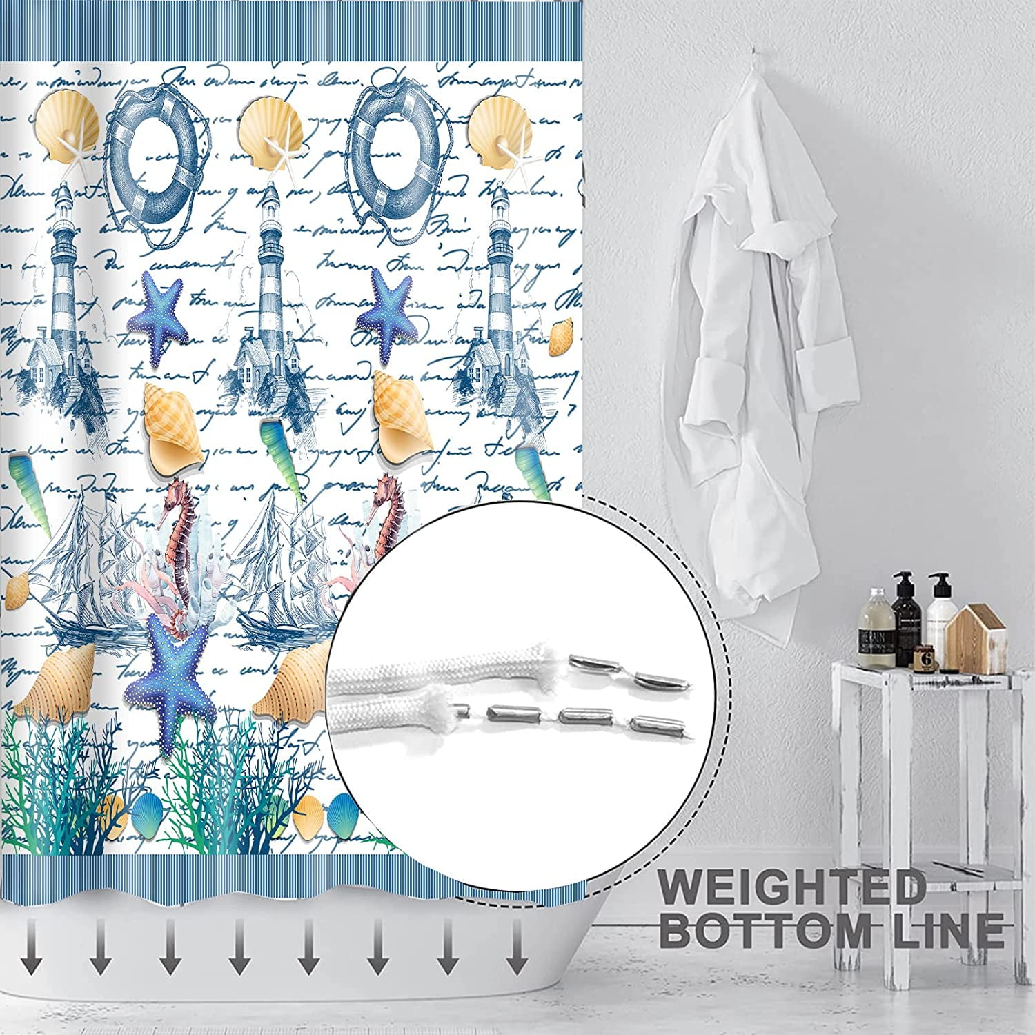 Rustic Nautical Shower Curtain,Lighthouse Sailing Beach Bathroom Shower Curtains,Navy Blue Coastal Bath Curtains Sets with 12 Hooks 72x72in,Waterproof Fabric
