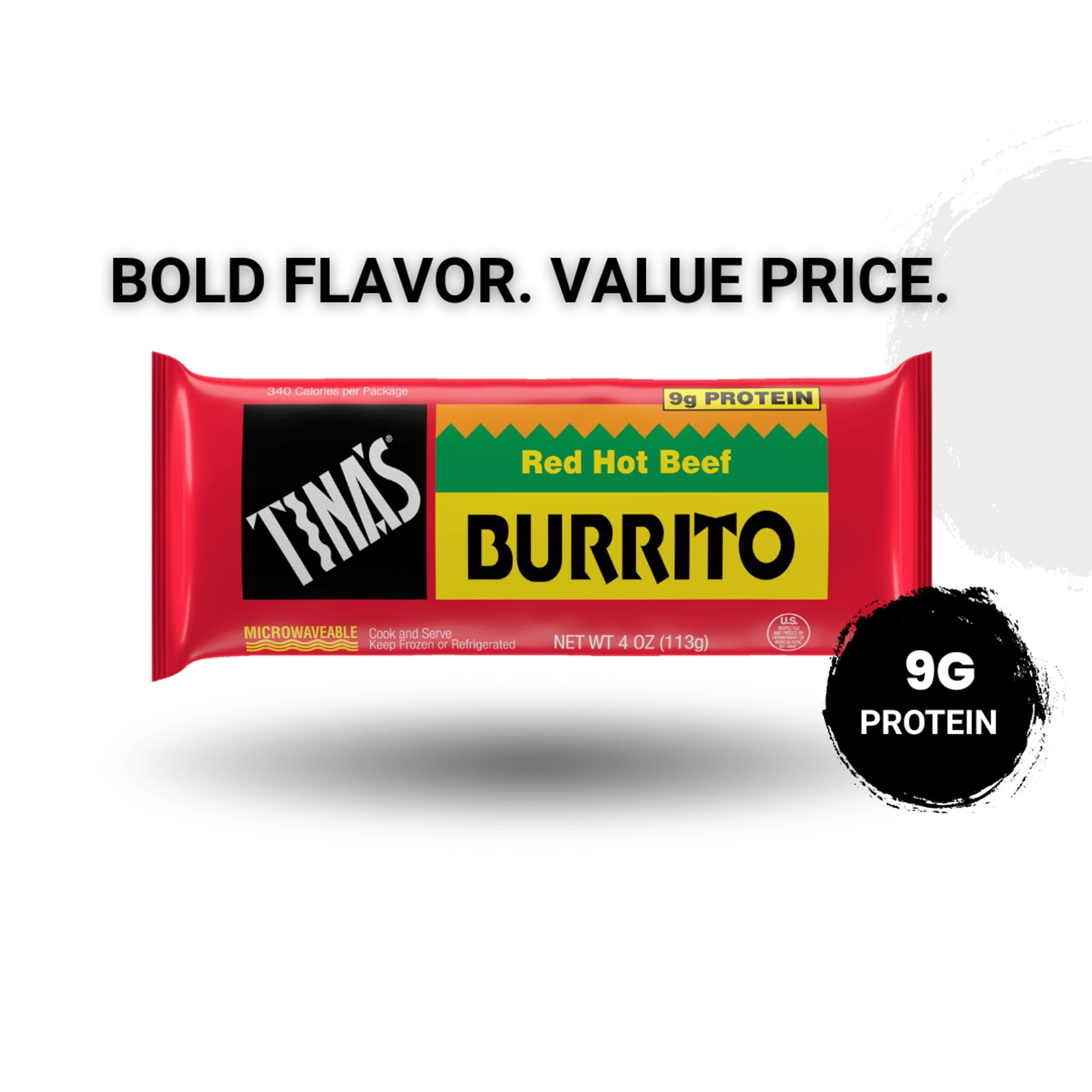Tina’s Red Hot Beef Burrito, Frozen Microwave Meal Snack, 4 oz Single Serve, High Protein, Everyday Value
