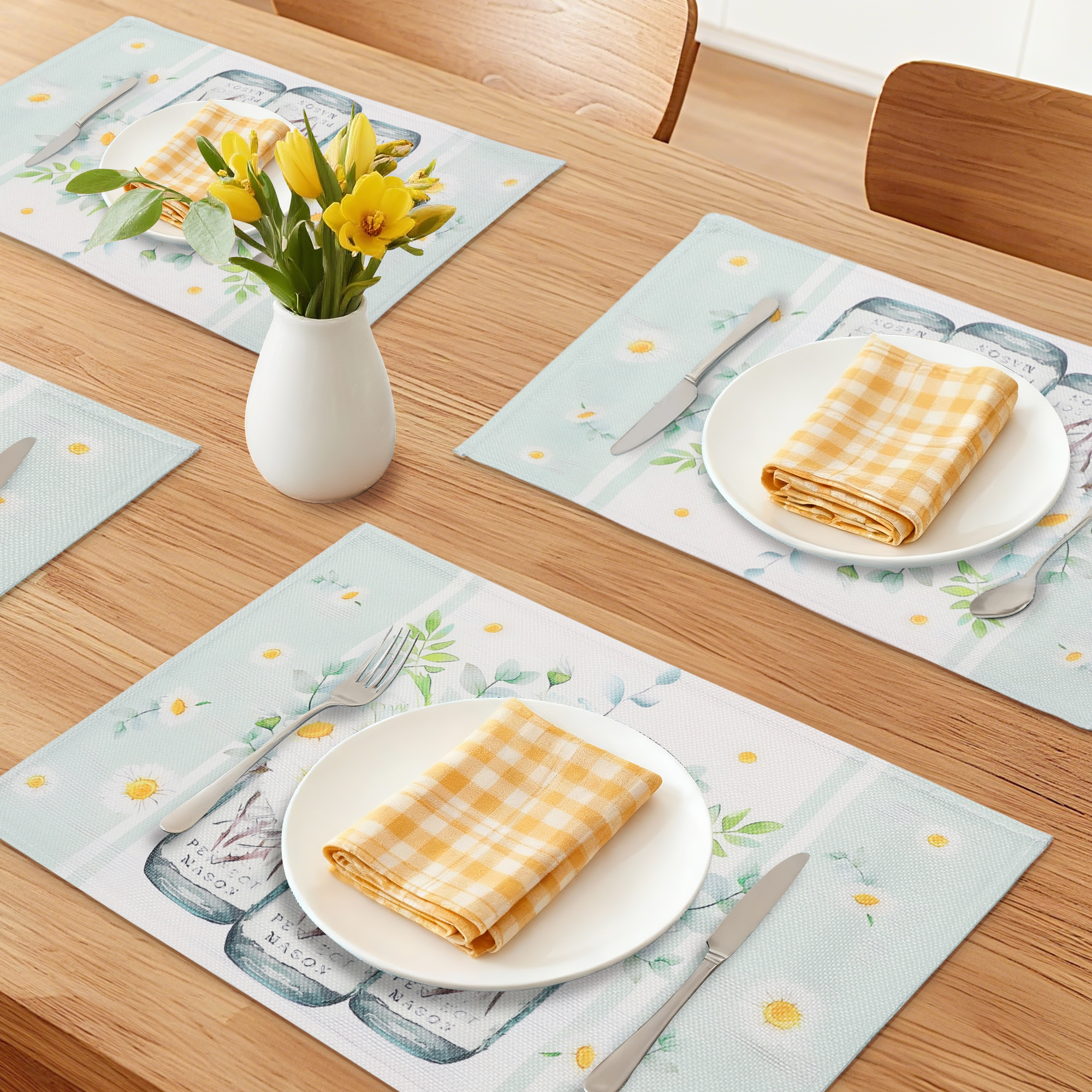 Unique Bargains Farmhouse Placemats Set of 6 Linen Placemats for Dining Table Green