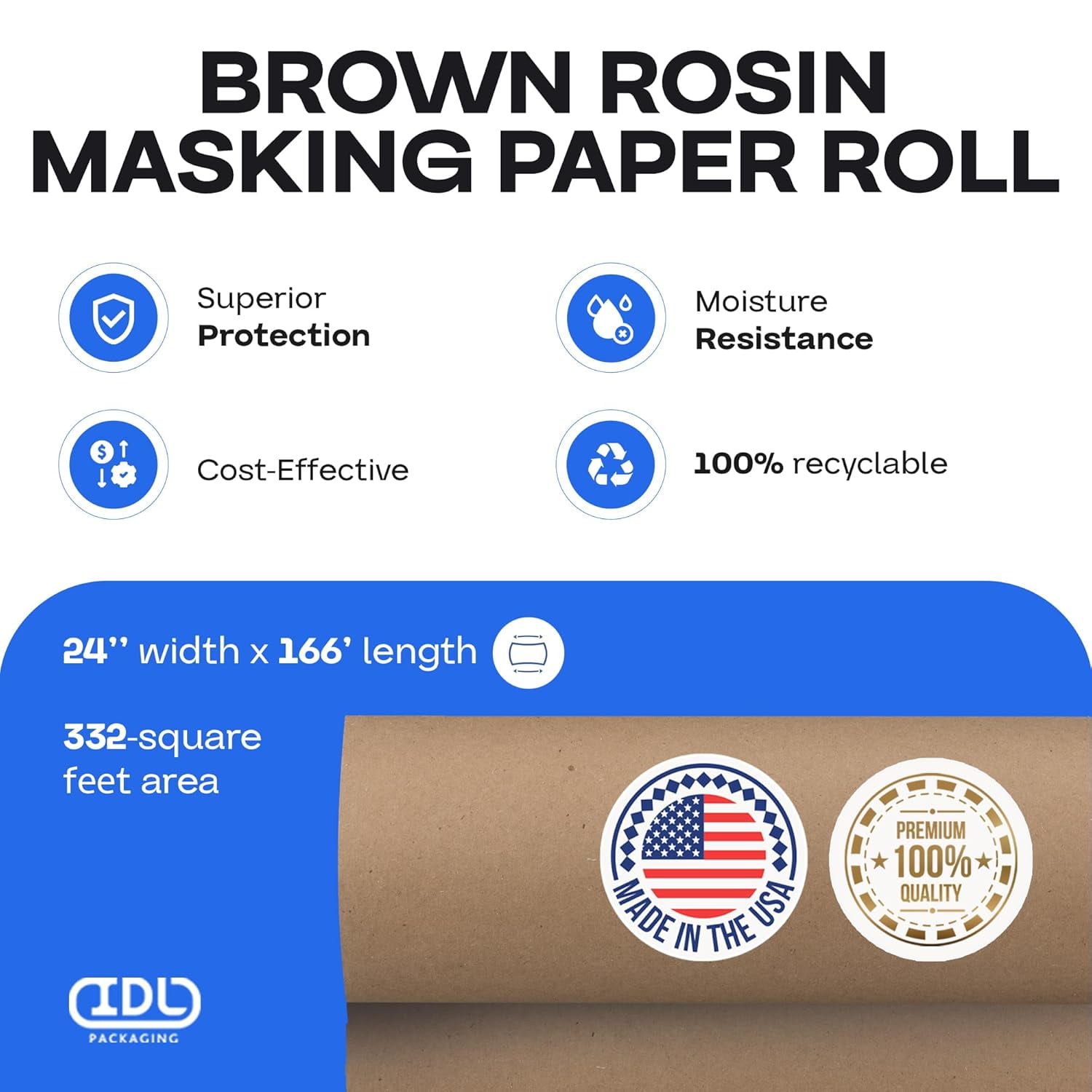 IDL Packaging Brown Rosin Masking Paper 24" x 1992" (166 feet), 332 Sq.Ft. – Thick Floor Covering (66 lb Thickness) - USA-made Masking Paper for Painting and Construction, Surface Protection