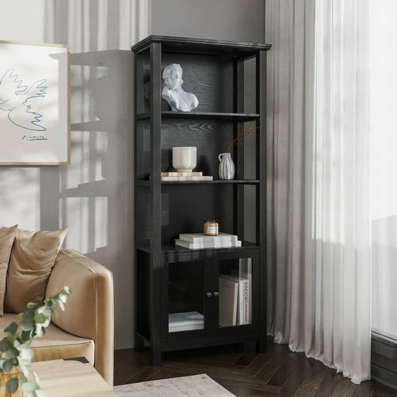 EMMA   OLIVER Modern Farmhouse Wooden Bookcase with Tempered Glass Doors