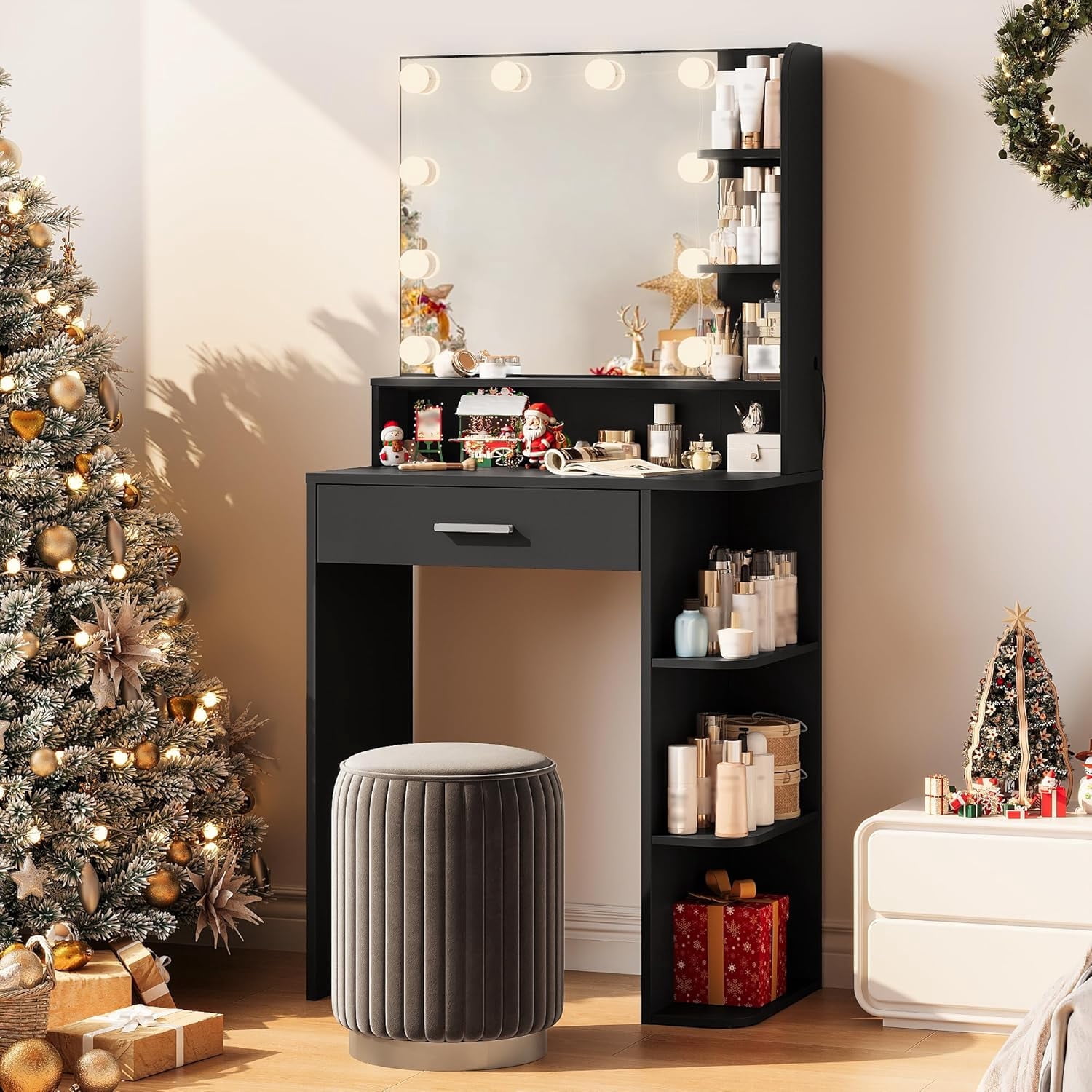 Vanity Desk with Mirror and Lights, Akaber 26.4" Makeup Vanity with Large Drawer, 6 Storage Levels, Small Black Vanity Desk with Large LED Mirror