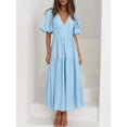 thumbnail image 2 of Women's V Neck Puff Sleeve Midi Dress with Ruched Detail Lined Body Lightweight Fabric 95% Polyester 5% Spandex, 2 of 20
