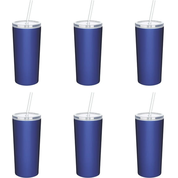 6 Mira Stainless Steel Tumblers with Straw Set, 16 oz. - Double Wall, Tritan Lid - Blue