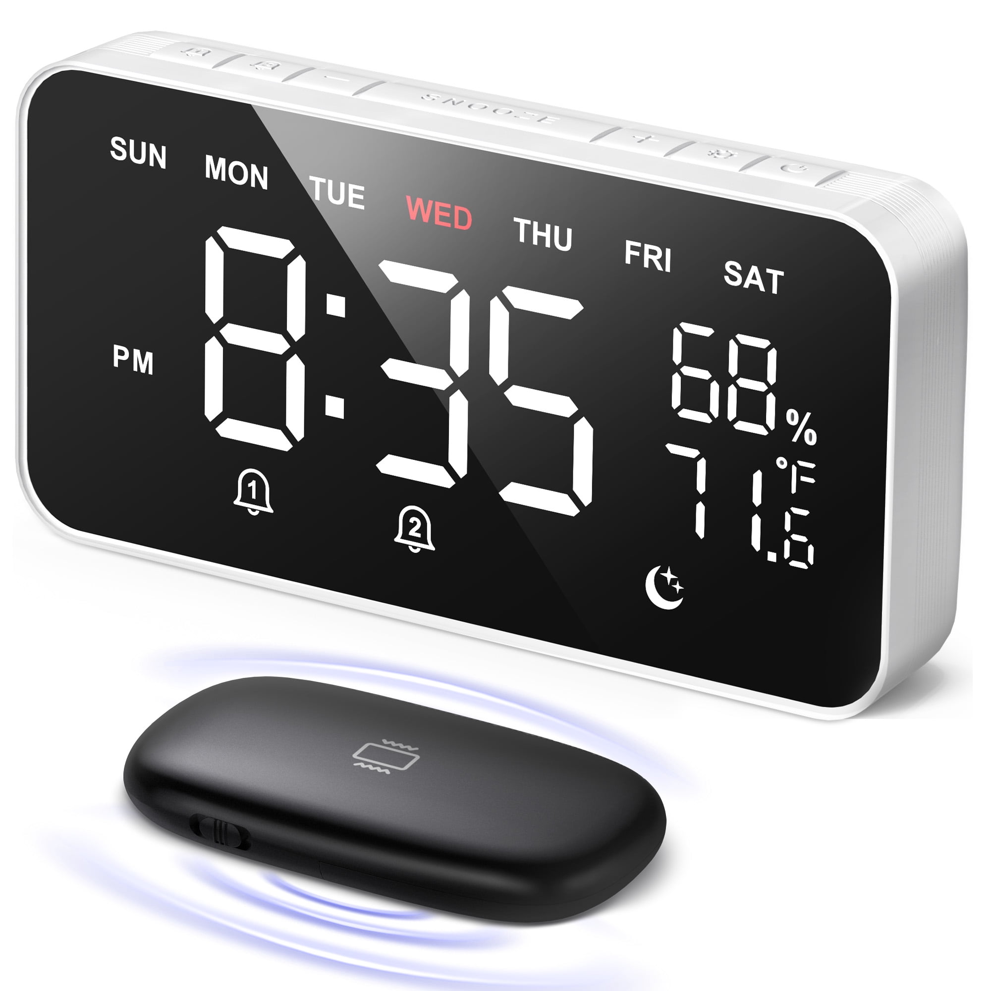 Dekala Wireless Bed Shaker Alarm Clock with Dual Alarms, Temperature and Humidity Detection, Sleep