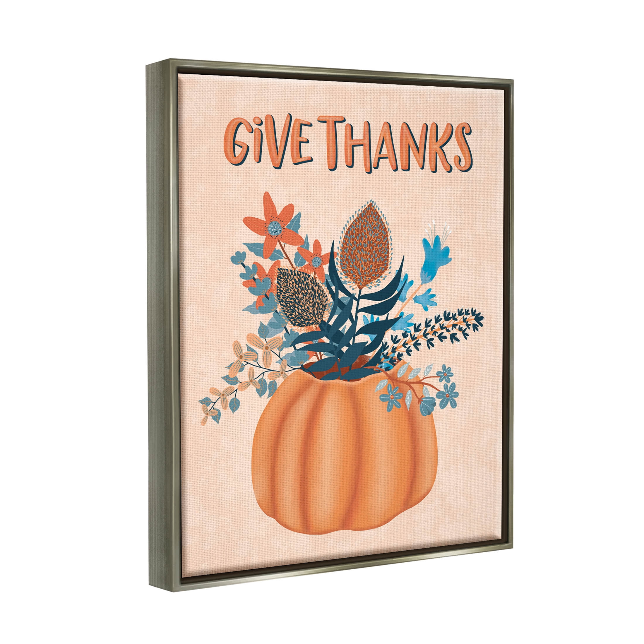 Give Thanks Fall Botanical Blooms Holiday Graphic Art Luster Gray Framed Art Print Wall Art