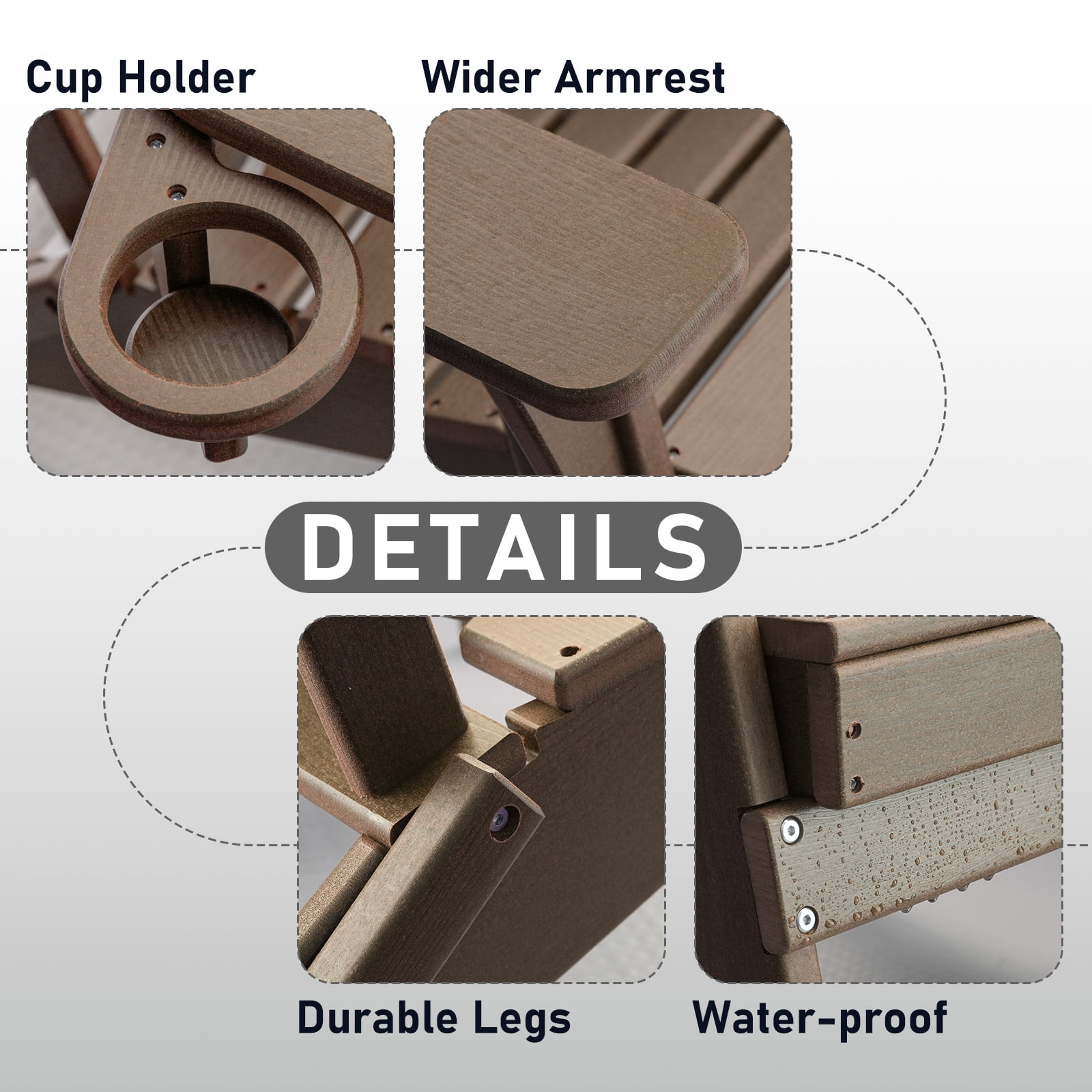 HDPE Folding Adirondack Chair with Cup Holder,Weather-Resistant, Low Maintenance,Supports up to 400lbs,Coffee,1 Pack