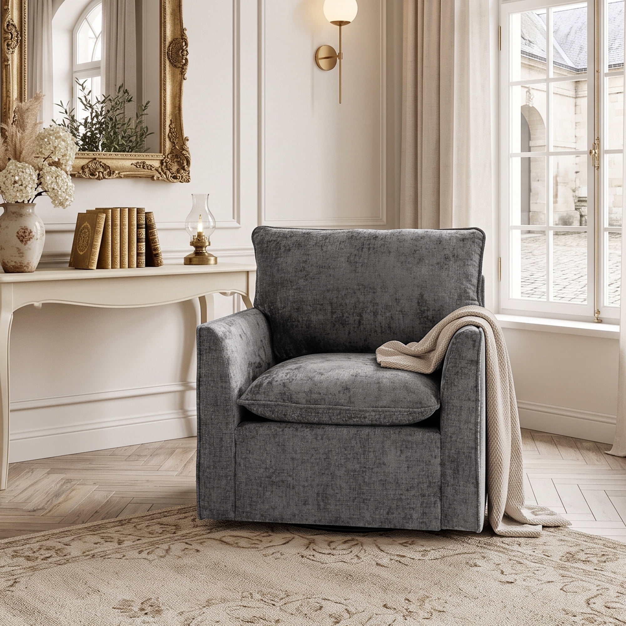PORKISS 360° Swivel Accent Chair, Chenille Upholstered Bedroom Chair with Thick Cushion & Metal Base, Modern Reading Armchair for Living Room/Bedroom, Grey
