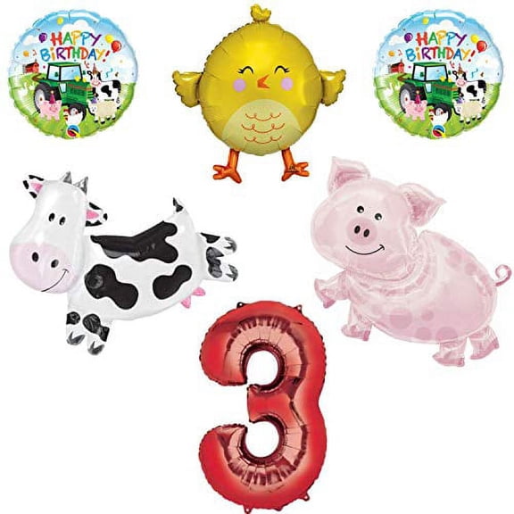 Barnyard Farm Animals 3rd Birthday Big Balloon Bundle, for 3 Year Old, Cow, Pig, Chick
