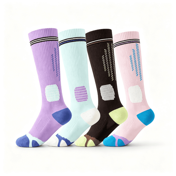 YOMYM Cushioned Knee High Compression Socks for Women Breathable Athletic Socks for Workout Fitness Cycling, 4 Pairs, Shoe Size 6-10