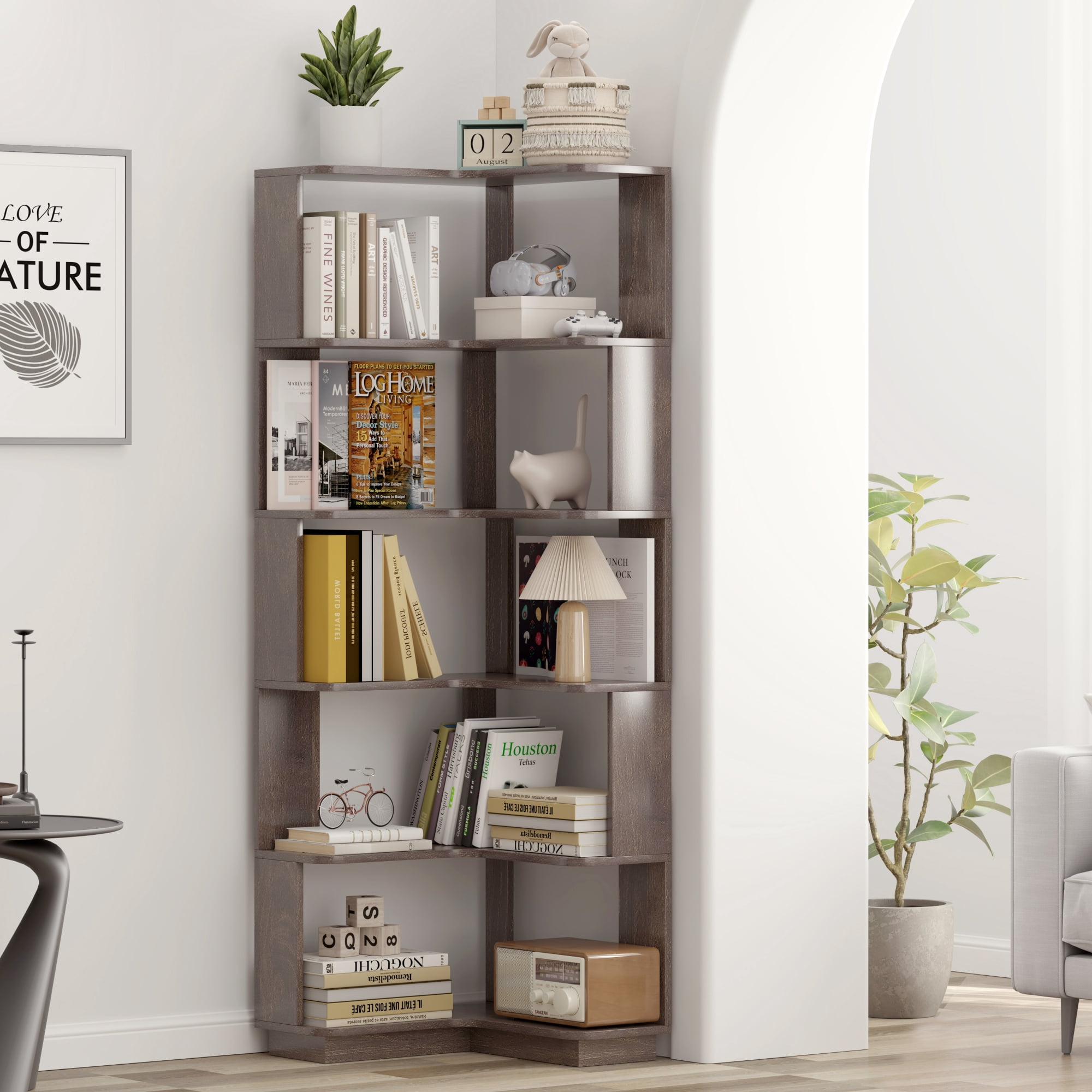 Leumius 6 Tier Freestanding L-Shaped Corner Bookshelf, Wooden Bookcase with anti-drop panle and anti tipping device, Display shelf Open storage rack Organizer for Home Office,Dark Brown