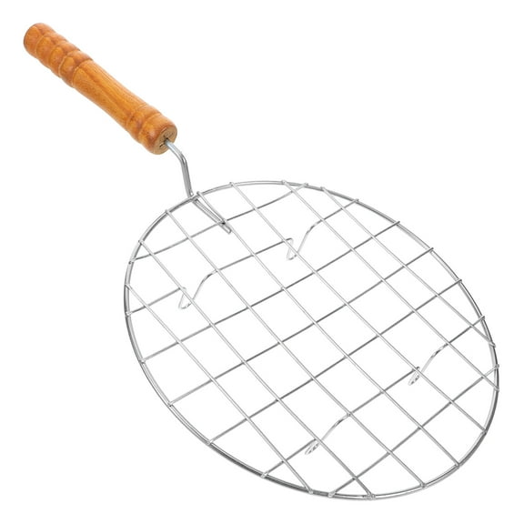 UPGRATOR Round Stainless Steel Barbecue Net with Wooden Handle 1Set