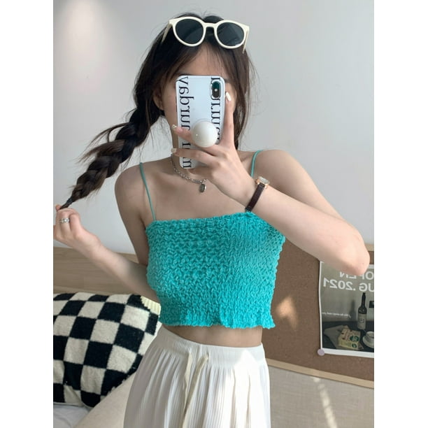 Camisola fruncida de verano para mujer de VISgogo, blusas cortas de chifón informales sin mangas de Color sólido para ropa de calle de playa, ropa para discoteca VISgogo moda