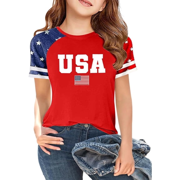 Lullu Fourth of July T-Shirt for Girls Independence Day Short Sleeve Tee Shirt, Sizes 3-13
