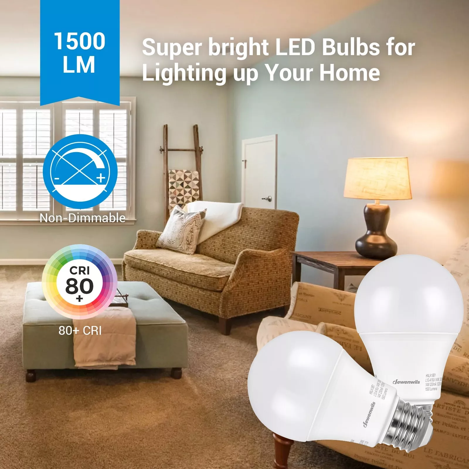 8-Pack A19 LED Light Bulb, 1500LM, 3000K Soft Warm Non Dimmable 14W