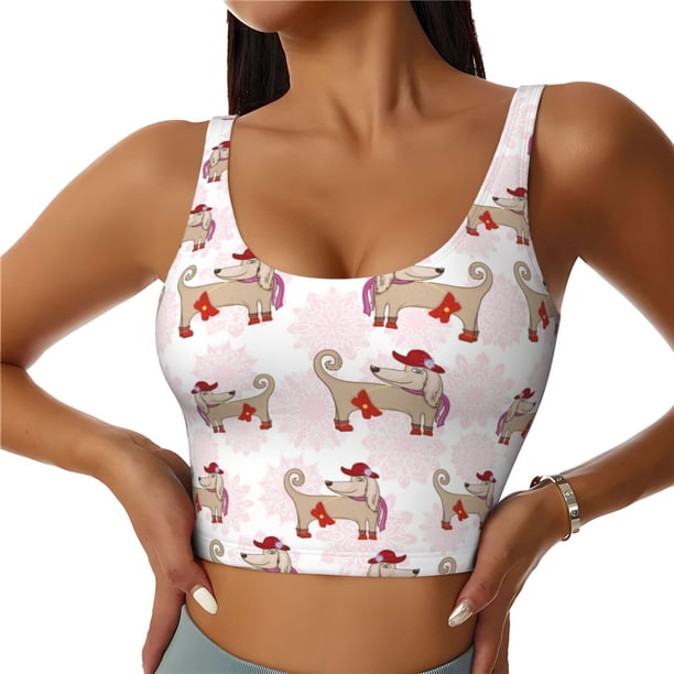 Fotbe Dachshund Dog Puppy Sujetador Deportivo Largo sin Aros para Mujer con Almohadillas y Soporte Medio, Transpirable y Absorbente, Camiseta Tipo Chaleco o Tank Top-XX-Large