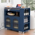 thumbnail image 4 of Kitchen Island with Extended Table on Wheels, LED Lights, Power Outlets, 2 Fluted Glass Doors, Storage Compartment, and Side 3 Open Shelves, Navy, 4 of 7