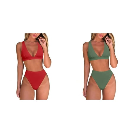 (2-Pack) Kcodviy Womens High Waisted Thong Bathing Suit Top 18W Bikini Sets Brazilian Swimsuit Top 1X Triangle Top Deep V Swim Sports Bra for Swimming Neck Two Piece Swimsuit Plus Swim Suit Bat