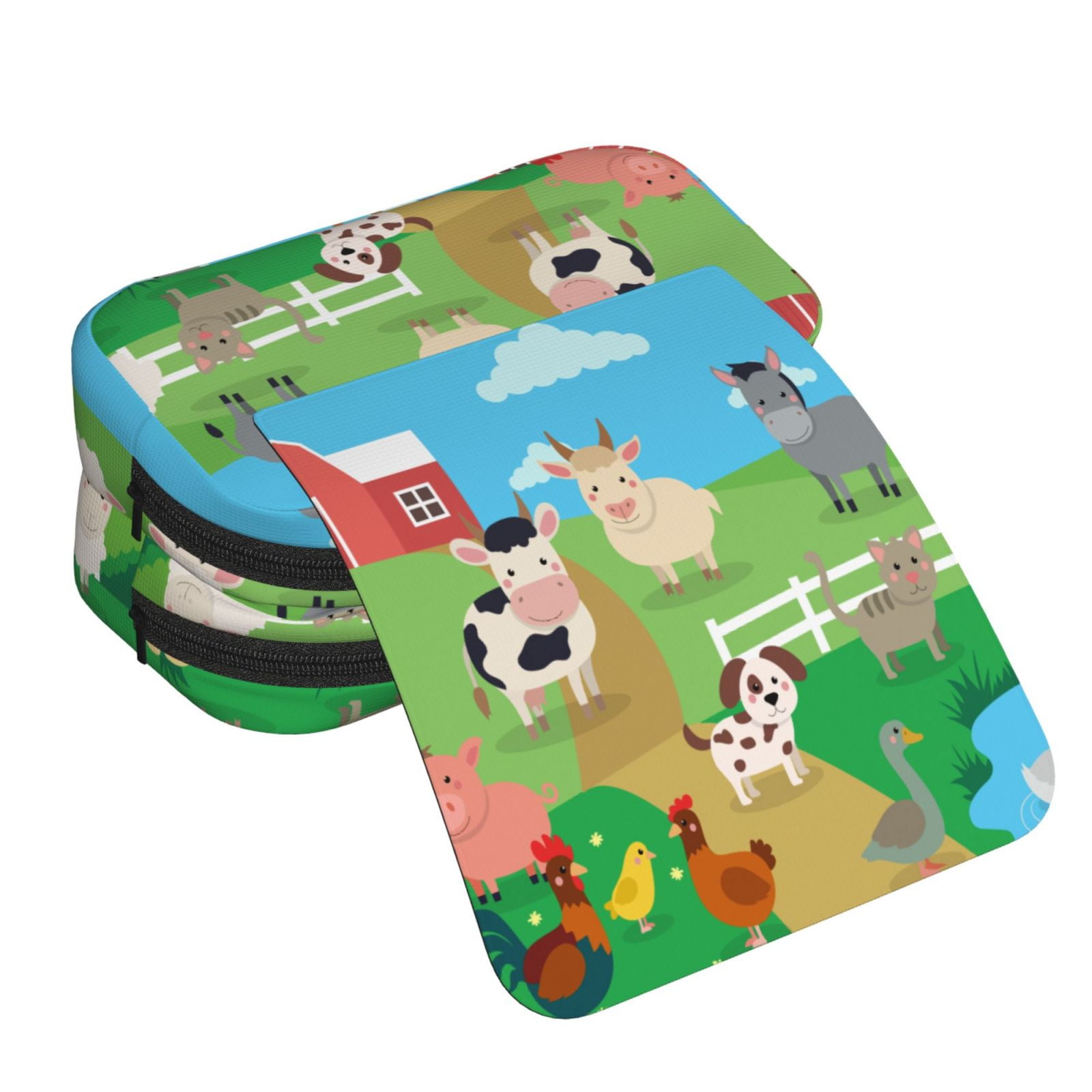 Rateoe Farm Animals Pattern Double Clamshell Pen Case, Storage Organizer with Two Zipper Compartments– Holds Up to 50 Pencils & Pens