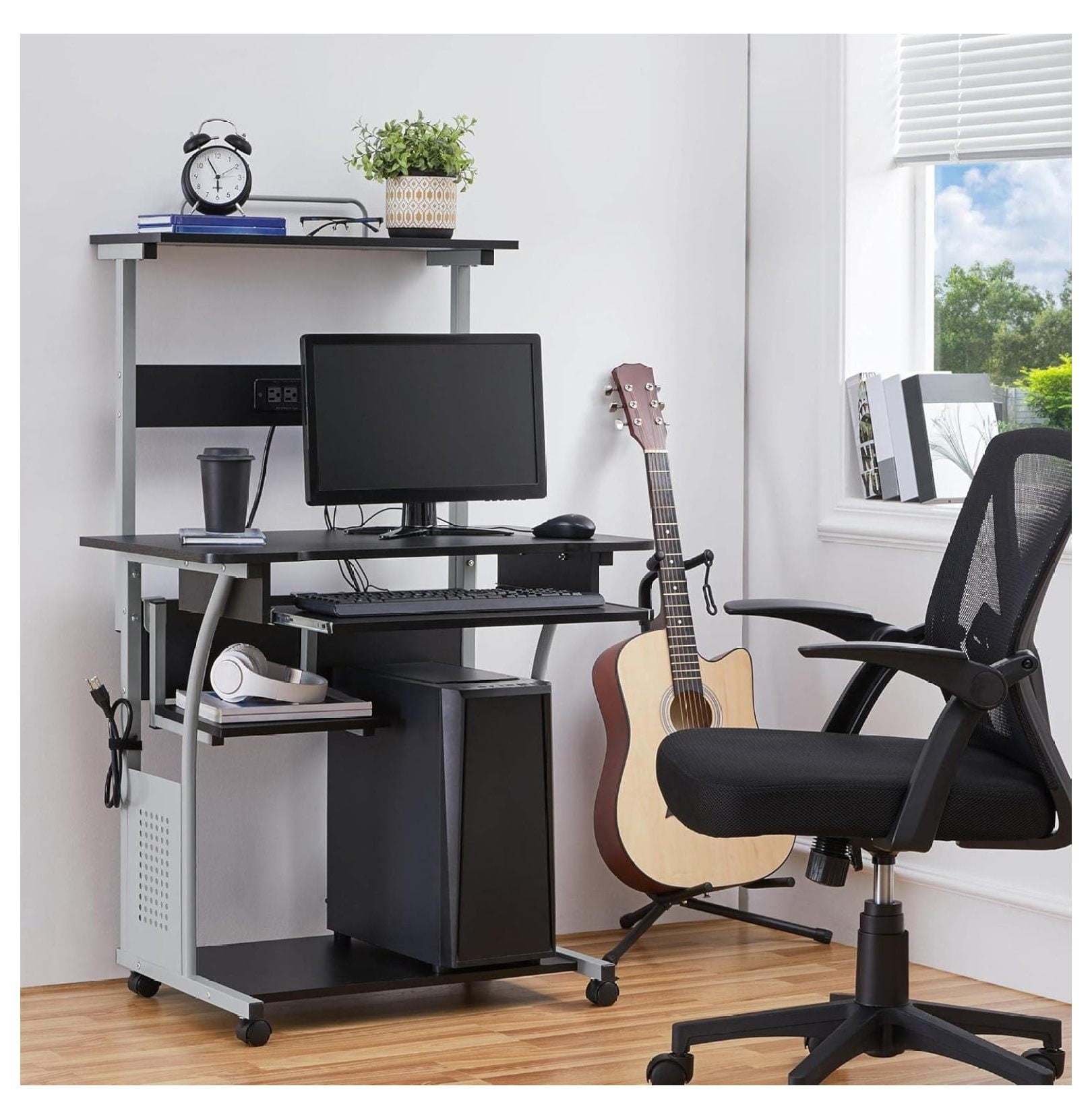 Rolling Computer Desk with Charging Station and 2 USB Ports for Small Space, Study Writing Desk with Keyboard Tray and Printer Shelf for Home Office, Compact Study Table with Wheels, Black