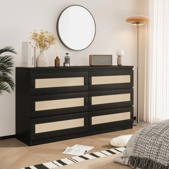 6 Drawer Double Dresser for Bedroom, Rattan Dresser with Smooth Mental Slide, Modern Wood Chest for Closet, Living Room, Hallway, Black
