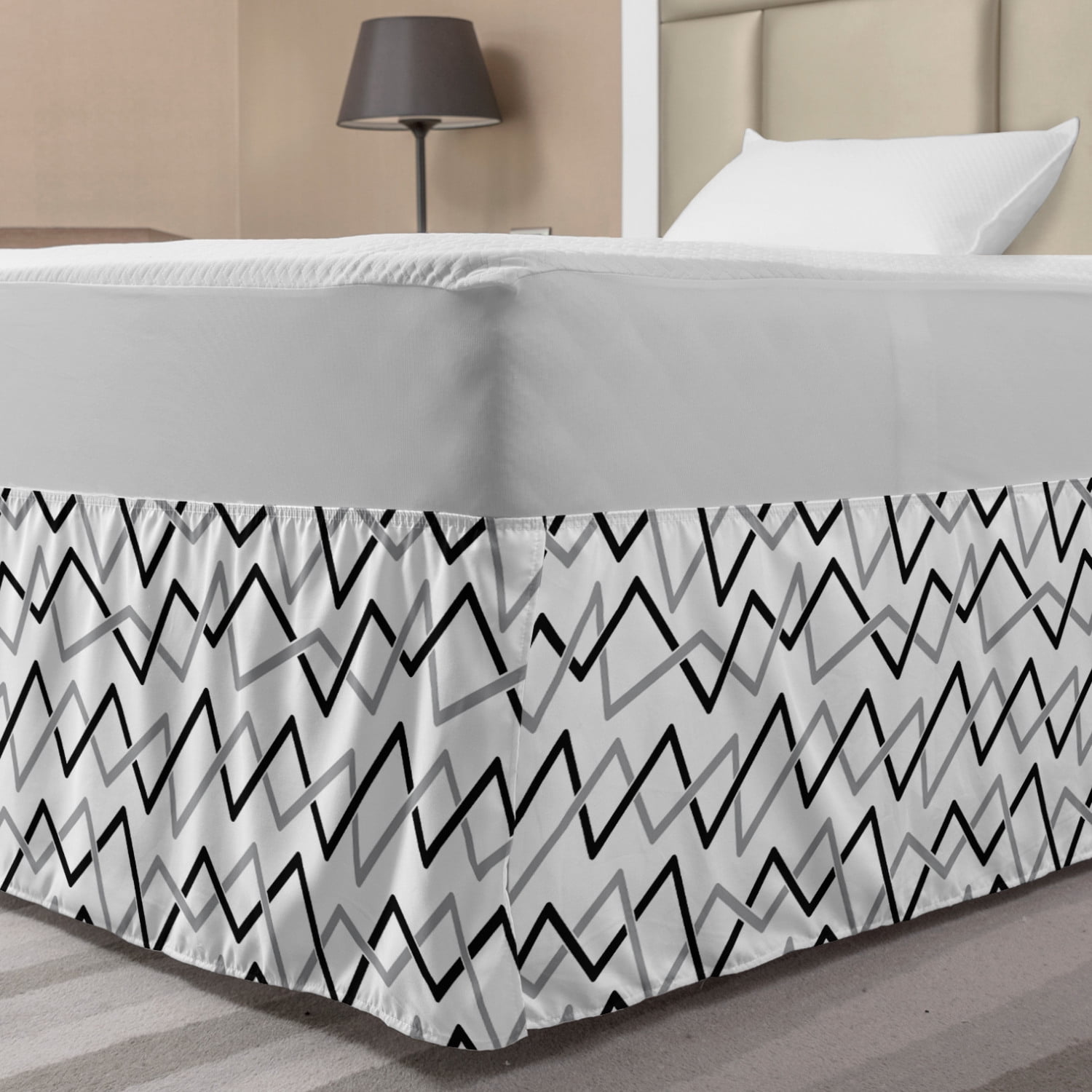 Black and Grey Bed Skirt, Angled Stripes Line Art Design Monochromatic