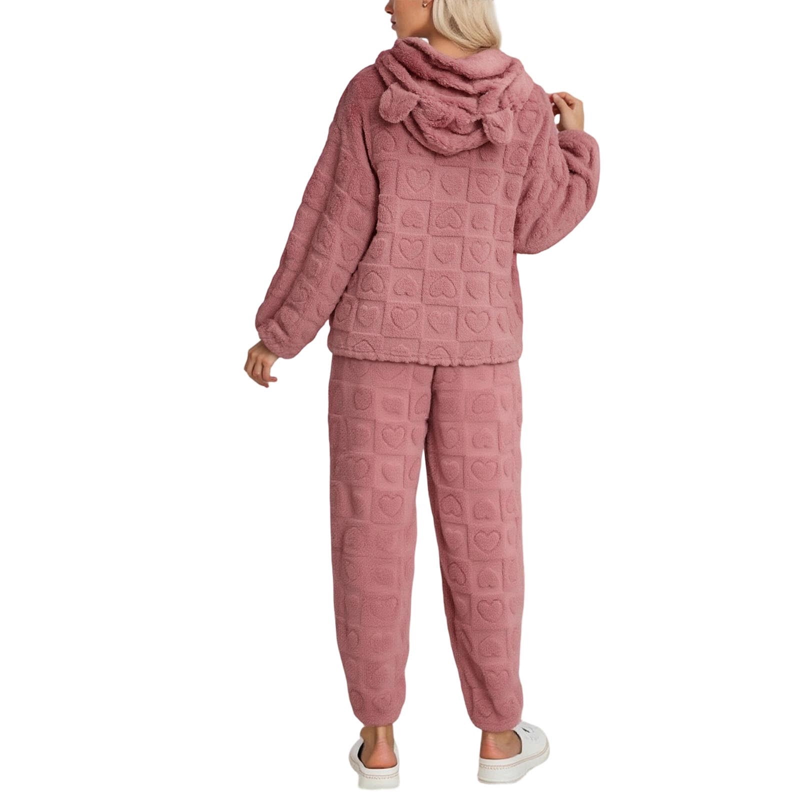 HCYSFG Women's Plush Fleece Embossed Heart Pajama Sets 2 Piece Loose Fit Hooded Long Sleeve Pullover Shirt Paired With Sleepwear Pants Pjs Set