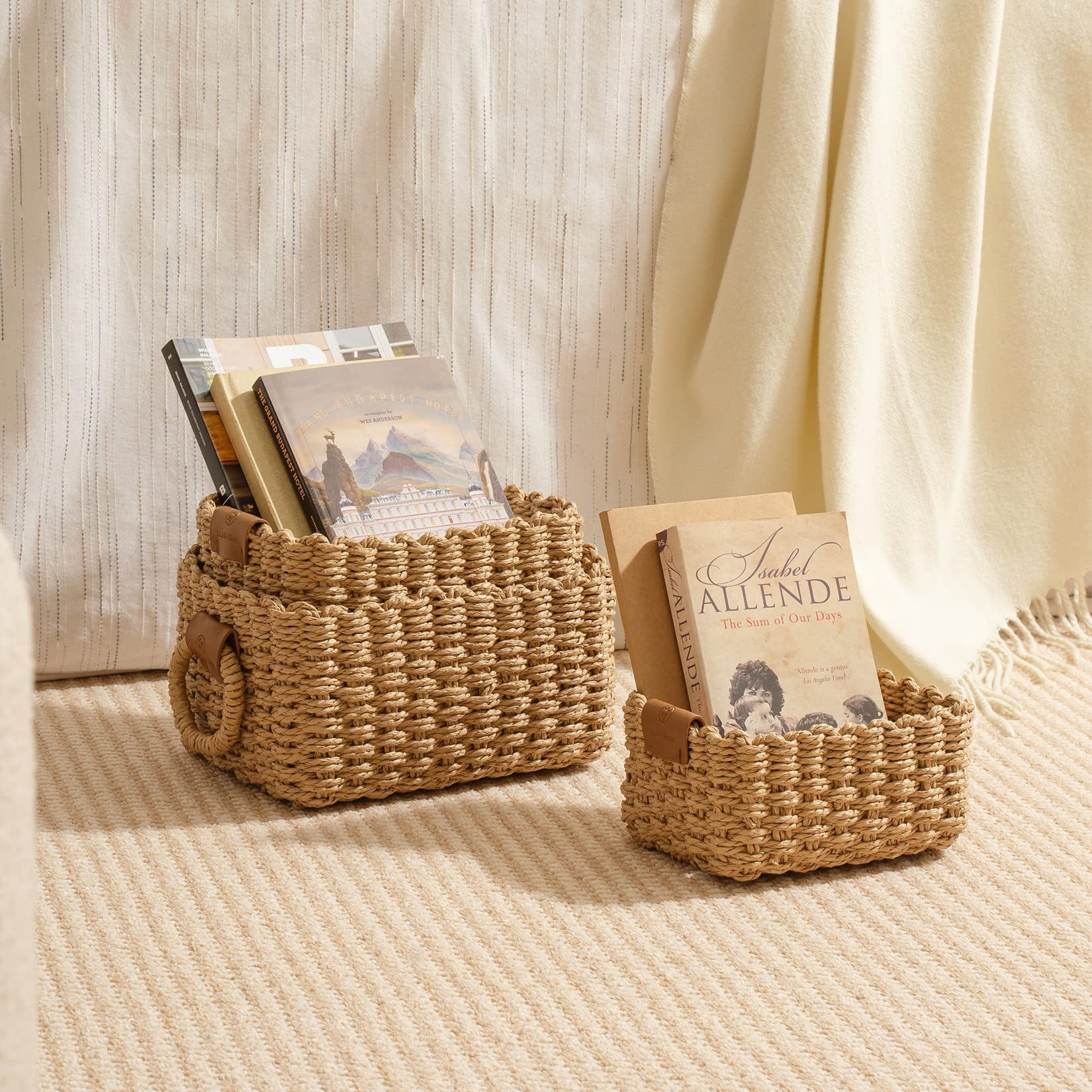 Asunby Small Wicker Baskets for Organizing, Recycled Paper Rope Storage Basket Container Bins for Shelves Bathroom Cupboards Drawer, Decorative Square Basket Organizer Set of 3