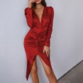 thumbnail image 5 of YanHoo Evening Dresses for Women Elegant Classy V Neck Long Sleeve Ruched Dresses High Waist Split Midi Dress for Cocktail Party, 5 of 7