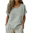 thumbnail image 2 of Craaazy Women Casual Loose Fit Blouse, Solid Color Short Sleeve Cotton Linen Top, Comfy Round Neck Tunic with Pocket for Daily Wear Gifts, 2 of 6